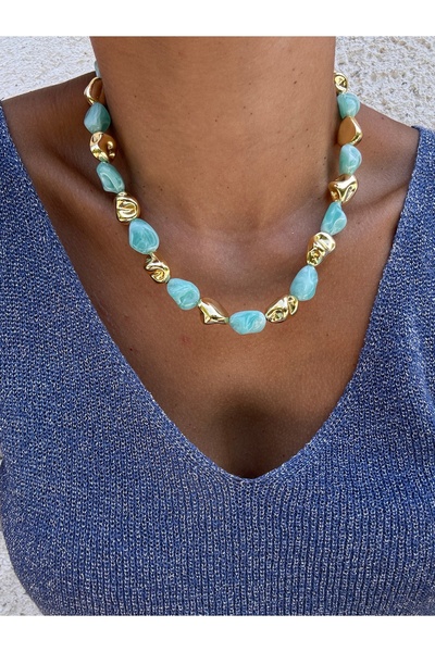 Miliva Asymmetrical Model Gold Detailed Flashy Necklace |   Bone Appearance Necklace
