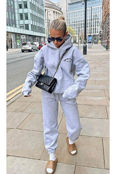 Elvino Sport Luxe Printed Oversize Γυναικεία/Ανδρική Σετ Φόρμας Unisex Χειμερινής Φόρμας 3 Νήματα Γκρι-Μαύρο