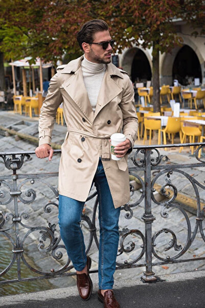 thesunfyre Men's Water Repellent Lined Italian Cut Slim Fit Long Belted Trench Coat