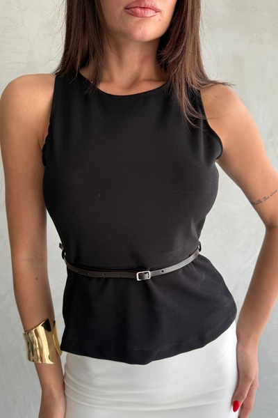 Ulino Black Belted Fitted/Bodycon Knitted Blouse