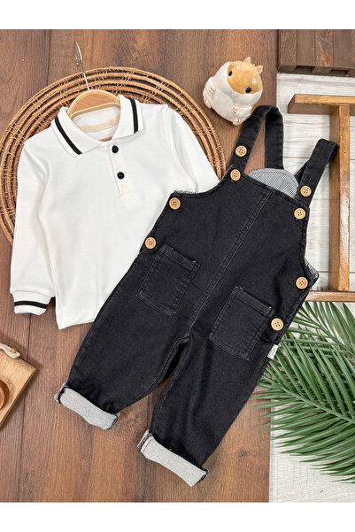 Bolly Baby Salopet Lycra Denim Polo Neck Sweatshirt Buttoned Salopet Baby Boy Set