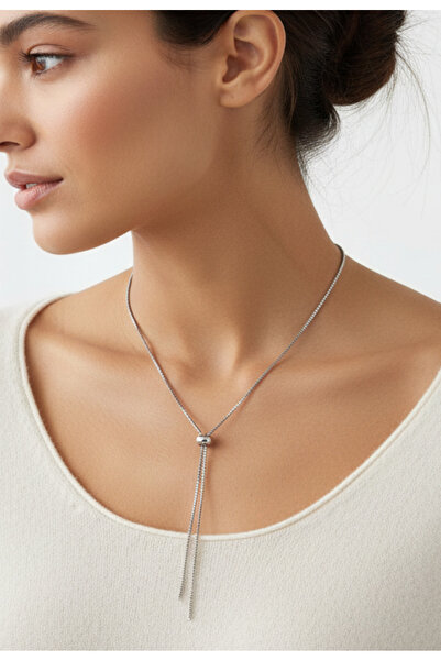 KANERUZ Gümüş Renk Asansör Zincir Çelik Kolye