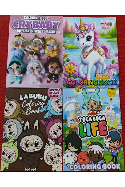 ada çanta kırtasiye 4 adet stickerli boyama kitabı (crybaby/labubu/toca boca/unicorn)