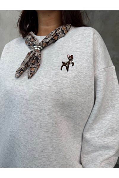 Elif Özbey Butik Hanorac gri cu detaliu de eșarfă la guler