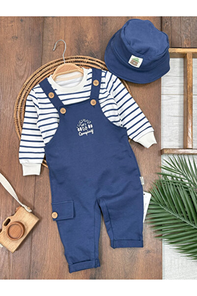 Bolly Baby Safari Hat Embroidered Stripe Sweatshirt Salopet Baby Boy Set