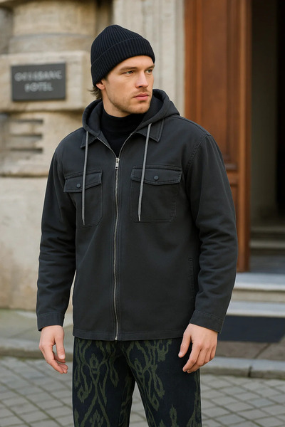 DAMGA JEANS Men's Basic Oversize Flexible Hooded Smoked Jacket