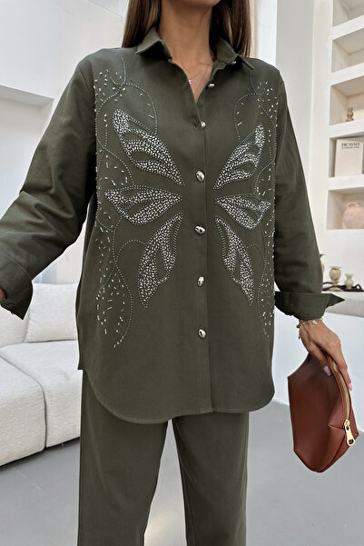 MİA NOURA Women's Front Beaded Gabardine Shirt and Pants Set