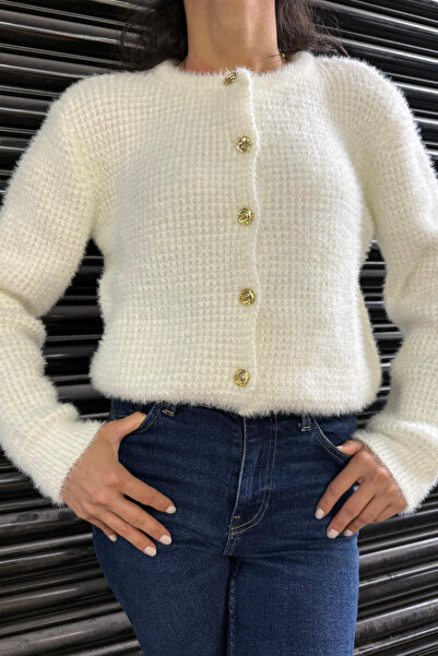 thesunfyre Women's Crew Neck Gold Buttoned Teddy Plush Soft Knitwear Cardigan