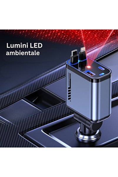 OEM 4 in 1 car charger, fast charging 120W, retractable cables, LED projector, gray, compact