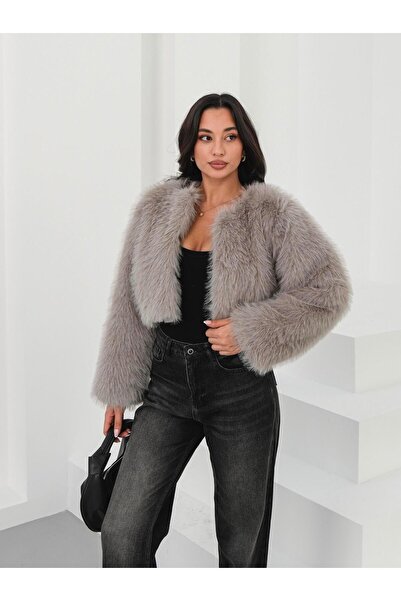 FERZOLAİO Crop Grey Fur Jacket