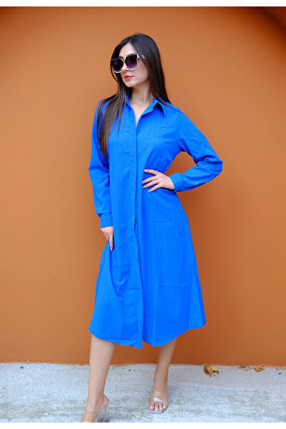 BRN فستان طويل بأزرار ناعمة الملمس للنساء