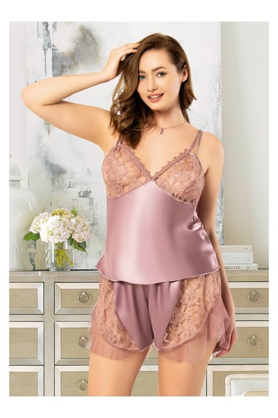 Viselya Set de dantelă pantaloni scurți de noapte din satin, mărime mare