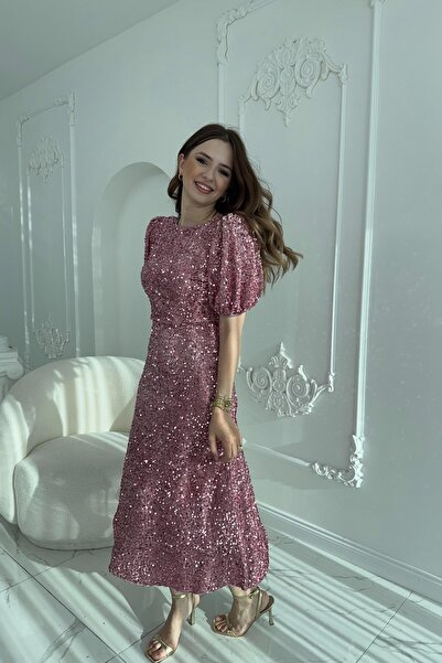 HELİS BUTİK Φόρεμα με λαμπερές παγιέτες και ροζ χρώμα