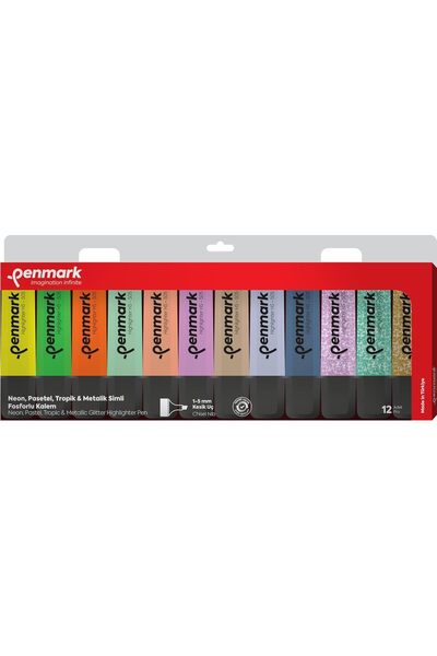 Mena Rise Highlighter Pen Set of 12 Acetate Mixed Colors 3 Neon and 3 Pastel and 3 Tropical and 3 Glitter Nuri̇pek