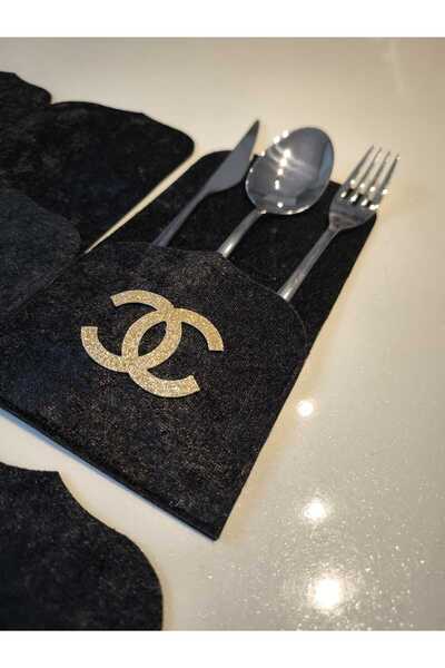 SEHARA 6 Pieces/Pocketed Spoon Rests/Velvet/Leather Embroidered/Leather Back/22.5X11Cm