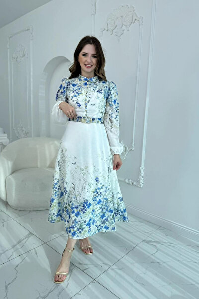 HELİS BUTİK Λινό μπλε φόρεμα με λουλουδάτο σχέδιο και λεπτομέρεια ζώνης