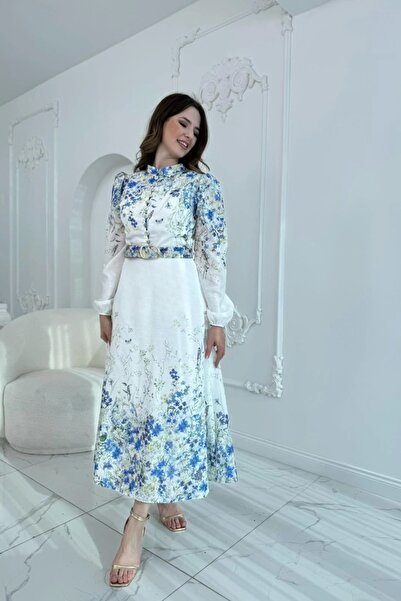 HELİS BUTİK Λινό μπλε φόρεμα με λουλουδάτο σχέδιο και λεπτομέρεια ζώνης