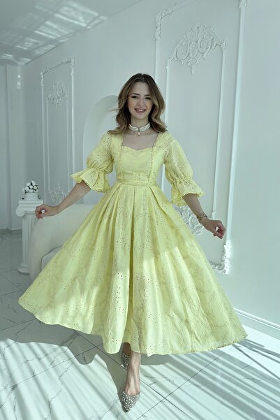HELİS BUTİK Yellow Sleeve Elastic Brode Princess Dress