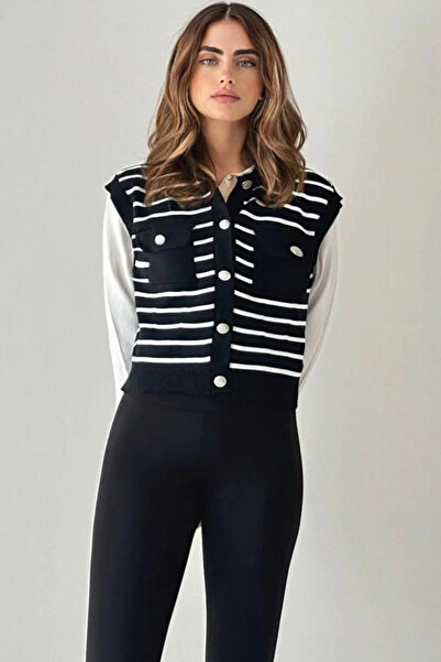 My Blog Schwarz gestreifte silberne Taschen-Strickjacke-4443