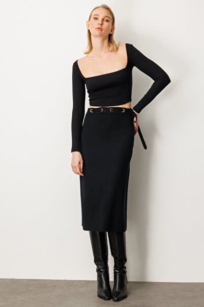 On Fashion Midi Skirt with Ten Eyelet Details Black-65320
