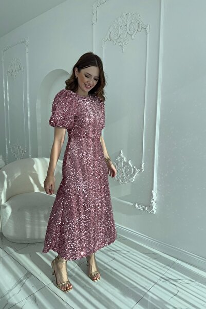 HELİS BUTİK Φόρεμα με λαμπερές παγιέτες και ροζ χρώμα