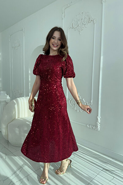 HELİS BUTİK Třpytivé šaty s flitry a flitrovými aplikacemi v barvě burgundy