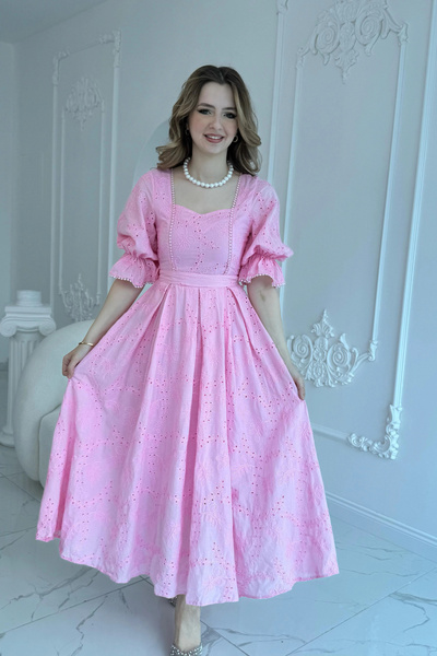 HELİS BUTİK Pink Elastic Sleeve Embroidered Princess Dress