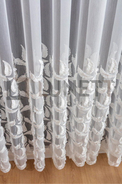 LUNETT HOME Ready to Use Foldet Linen Leaf Patterned Tulle Curtain with Tassles and Heavy Pliating