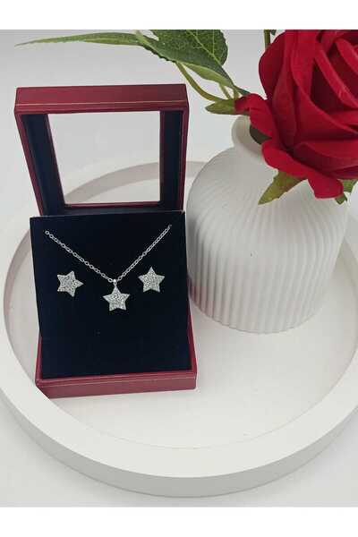 Bijuty Kadın Mini Yıldız Çelik Set - Kolye - Küpe - Gümüş Renk 2'li Set - (SÜRPRİZ HEDİYELİ)