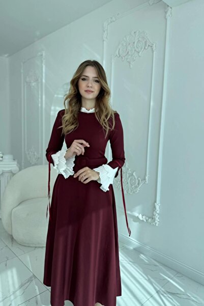 HELİS BUTİK Φόρεμα με πλισέ μανίκια και λεπτομέρεια με ζώνη, υφαντό μπορντό φόρεμα