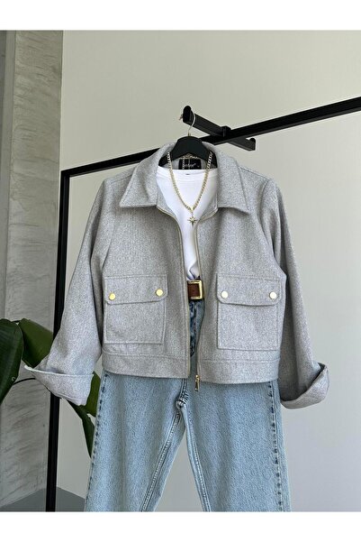 FERZOLAİO Short Grey Cashmere Jacket with Pockets