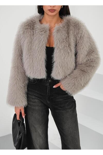 FERZOLAİO Crop Grey Fur Jacket