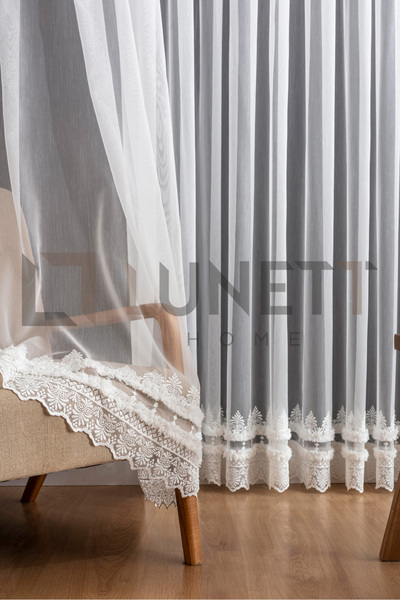 LUNETT HOME Ready to Use Foldet Linen Patterned Skirt with Embroidered Sparsely Pleated Tulle Curtain