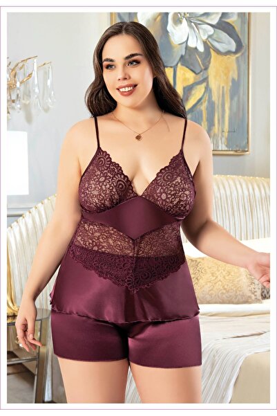 Viselya Set de pantaloni scurți de noapte din satin, mărime mare, culoare prună