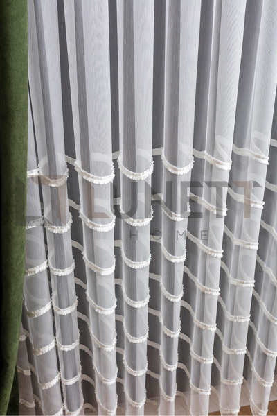 LUNETT HOME Ready to Use Foldet Linen Patterned Striped Tasseled Sparsely Plied Tulle Curtain