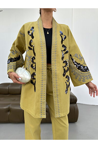MİA NOURA Women's Kimono with Pul-Pallet Embroidery on the Front