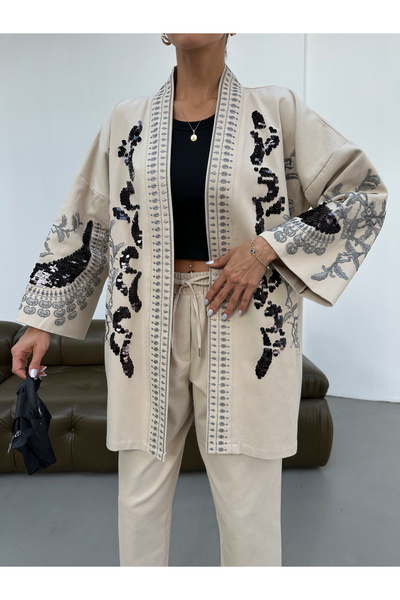 MİA NOURA Women's Front and Sleeves Pulpalet Embroidered Kimono Pants Set