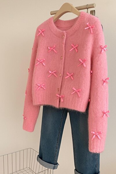 nathia outdoors Pembe Yumoş Triko Fiyonk kurdele Detaylı Kadın Prenses Hırka