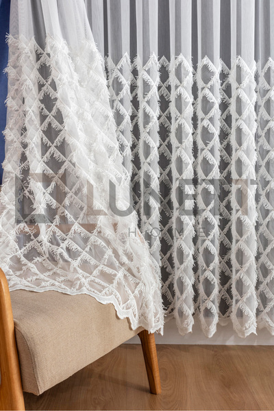LUNETT HOME Ready to Use Foldet Linen Patterned Cross-Tassel Sparsely Pleated Tulle Curtain