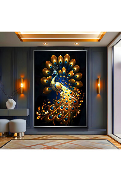 EMYA HOME Εικόνα σε καμβά παγώνιας μεταξοτέχνης με ασημί μεταλλικό πλαίσιο