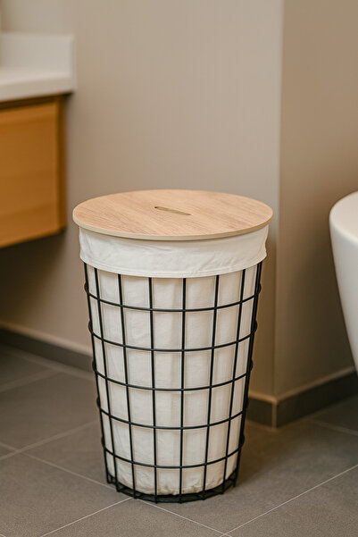 boz concept home Organizator pentru baie Coș de rufe din sârmă cu capac din lemn Corp metalic Coș de rufe din material textil Accesoriu pentru baie