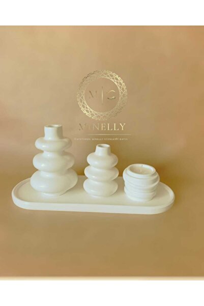 Minelly Modern Flow Set Dekoratif Vazo Mumluk Seti Oval Tepsili Modern Minima...