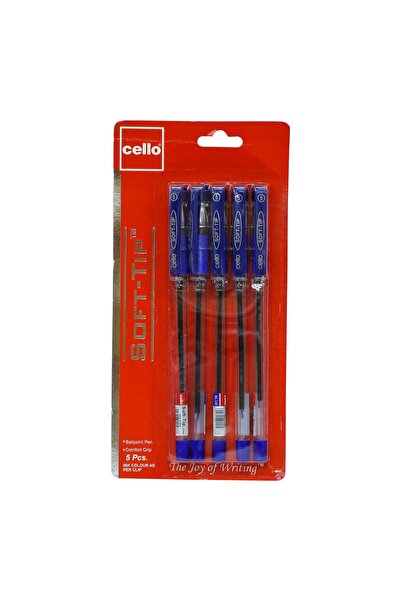 CELLO قلم حبر جاف أزرق برأس ناعم ٠٫٧ مم - كتابة سلسة | عبوة من ٥ قطع