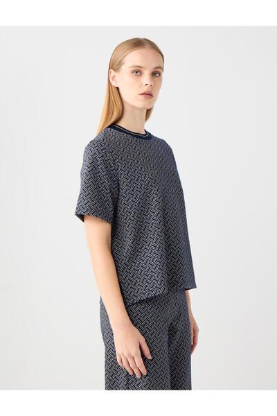 Jimmy Key Lacivert Kısa Kollu Bisiklet Yaka Desenli Örme Bluz