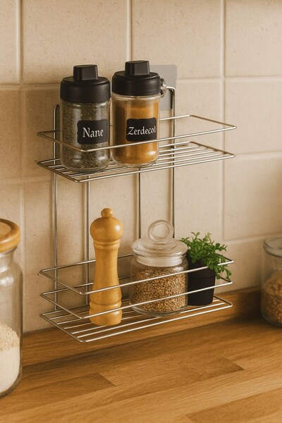 Sas Haus 2 Katlı Krom Mutfak Askısı, Baharatlık Rafı - Duvara Monte, Yapıştır/Vidala, Paslanmaz Metal 26 x 33