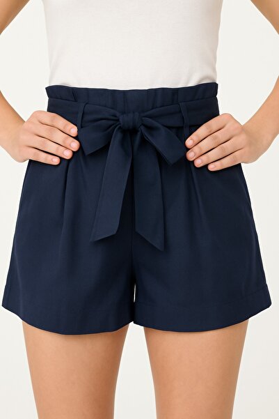Evelora Navy Blue High Waist Shorts with Belt Detail