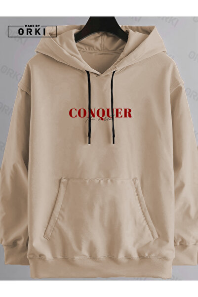 EFFRENATU Conquer the World Printed Beige Oversize Hooded Sweatshirt Hoodie