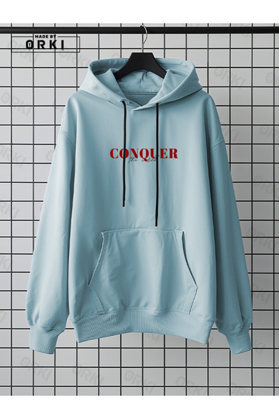 EFFRENATU Conquer the World Printed Light Blue Oversize Hooded Sweatshirt Hoodie