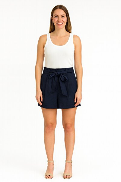 Evelora Navy Blue High Waist Shorts with Belt Detail