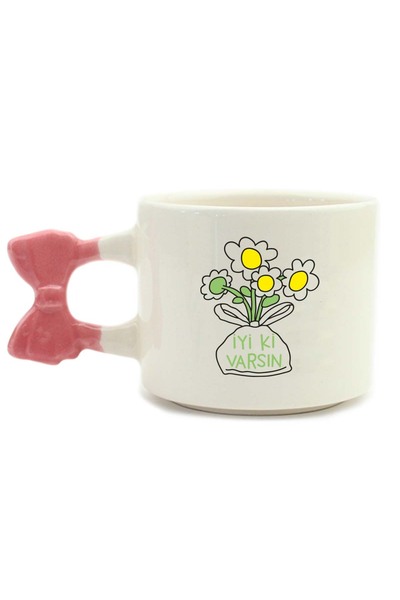 PALTO TASARIM Good to Have You Daisy Bouquet Handmade Cream Shiny Ribbon Handle Mug - Handcrafted Gift Mug Ba